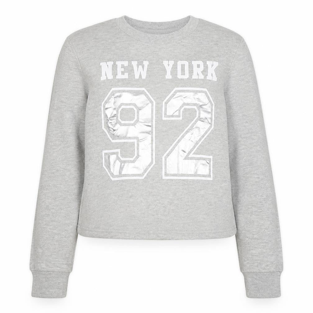 Front view of Miss Selfridge women’s grey cotton pullover sweatshirt, size UK 6, pullover