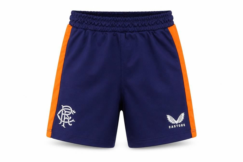 Front view of Castore boys’ blue polyester sweat shorts, size 2-3, years regular tie