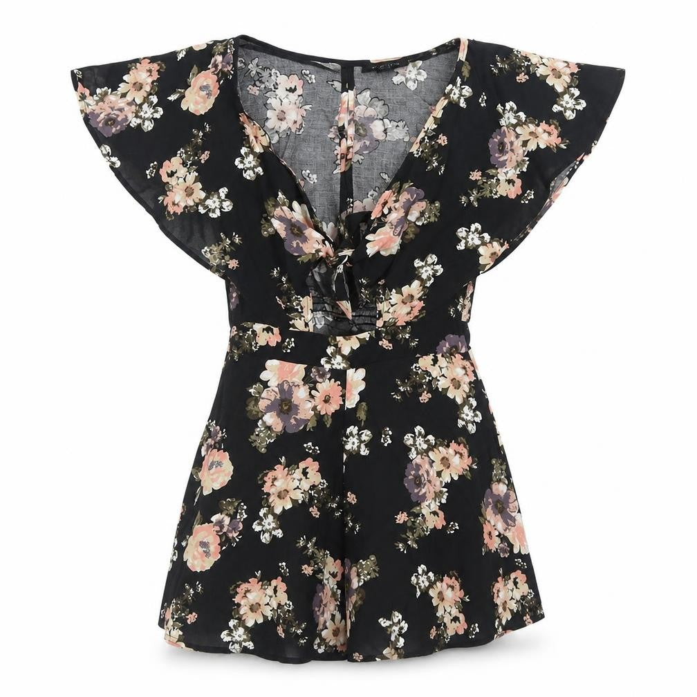 Primark Womens Black Floral Viscose Playsuit One-Piece Size 4  Tie