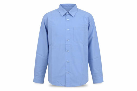 Front view of Dunnes boys’ blue polyester basic button-up, size 11-12, years collared