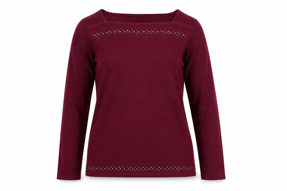 Front view of Next women’s purple square neck cotton jumper, size UK 6