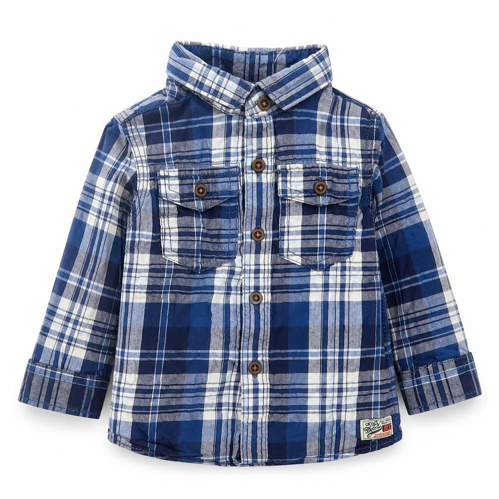 Next Boys Blue Plaid Cotton Basic Button-Up Size 6-9 Months Collared Button