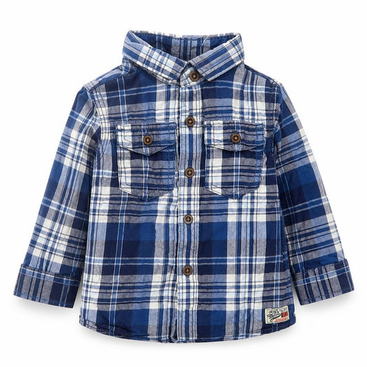 Front view of Next boys’ blue plaid cotton basic button-up, size 6-9, months collared button