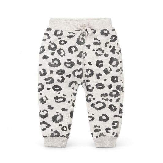 Front view of George girls’ grey animal print cotton jogger trousers, size 9, months tie
