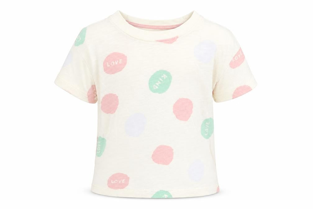 Front view of Primark girls’ beige geometric polyester basic t-shirt, size 9-12, months crew neck pullover