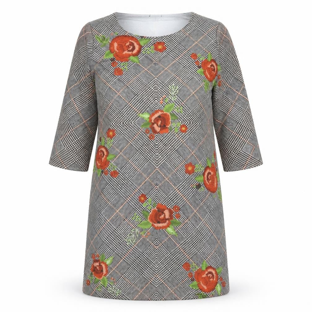 Front view of le mode women’s grey plaid polyester a-line, size L, crew neck pullover
