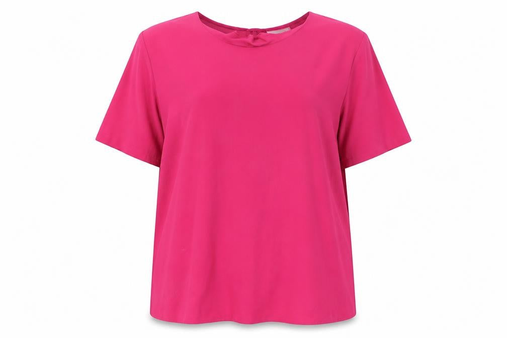 Front view of Dunnes women’s pink polyester basic t-shirt, size XL, round neck