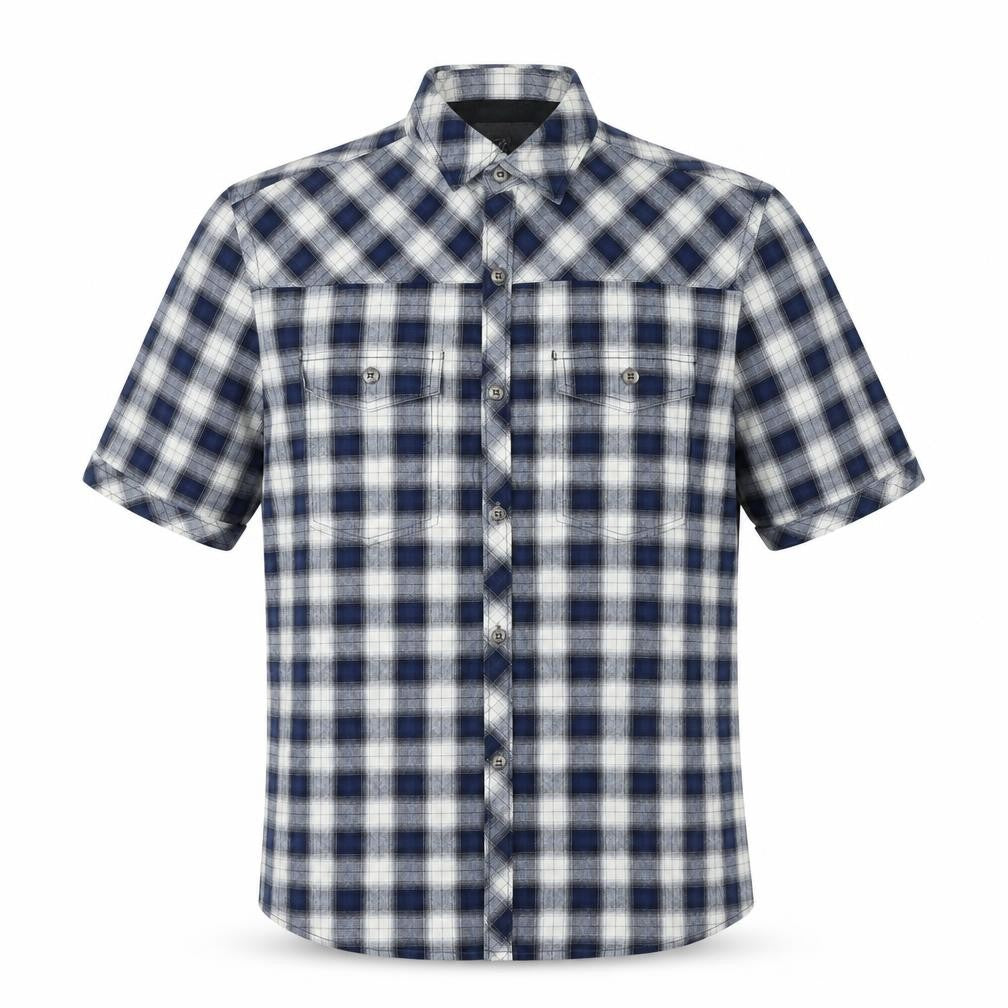 Front view of Next men’s blue plaid cotton button-up, size S, collared