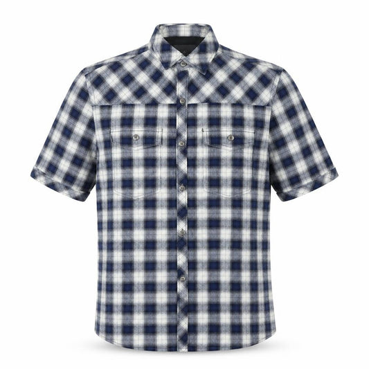 Front view of Next men’s blue plaid cotton button-up, size S, collared