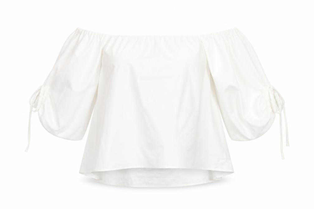 Front view of Miss Selfridge women’s ivory cotton basic blouse, size UK 12, off the shoulder