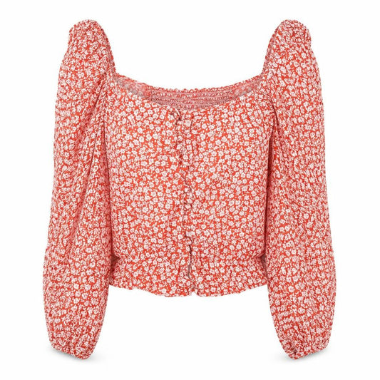 Front view of New Look women’s red floral polyester basic button-up, size UK 6, square neck