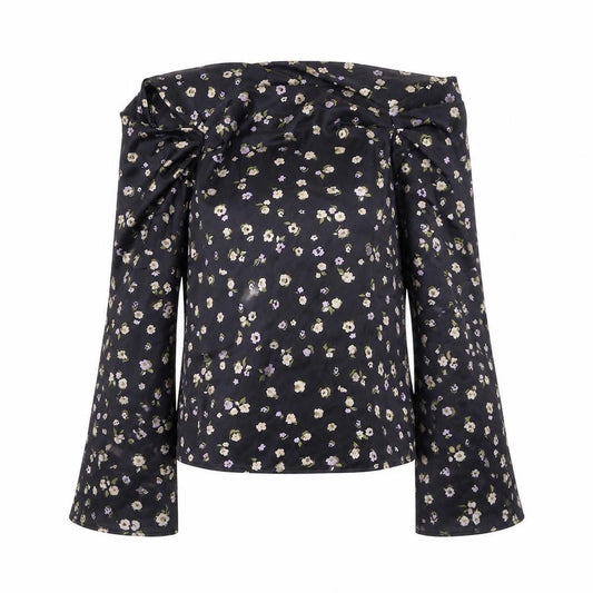 Front view of ASOS women’s black floral polyester basic blouse, size UK 6, high neck
