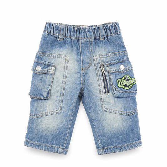 Front view of Bam Bib el boys’ blue 100% cotton pedal pusher jeans, size 6-9, months - london