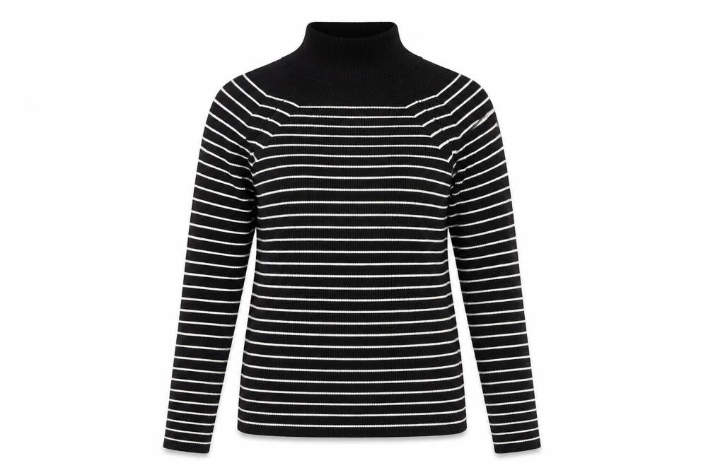 Front view of Marks & Spencers women’s black high neck striped viscose jumper, size UK 12