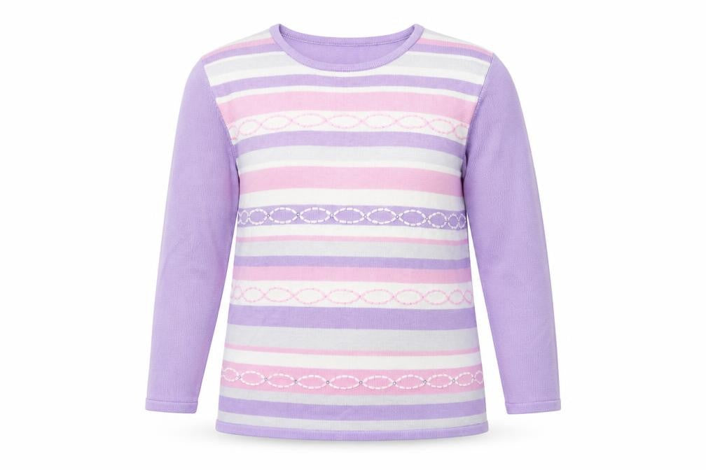 Front view of Preworn women’s multicoloured crew neck striped acrylic jumper, size S