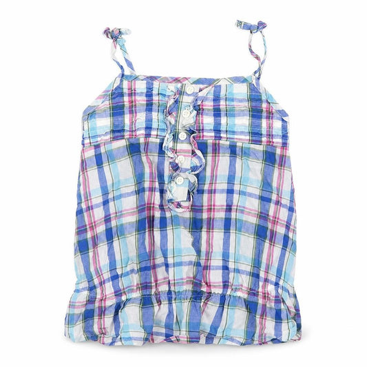 Front view of Next girls’ blue plaid cotton basic tank, size 6, years round neck pullover