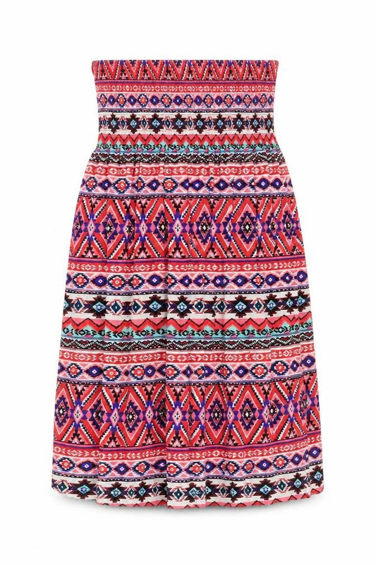 Front view of women’s multicoloured geometric viscose mini, size L, off the shoulder pullover