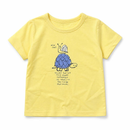 Front view of George boys’ yellow cotton basic t-shirt, size 6-9, months crew neck pullover - turtle snail