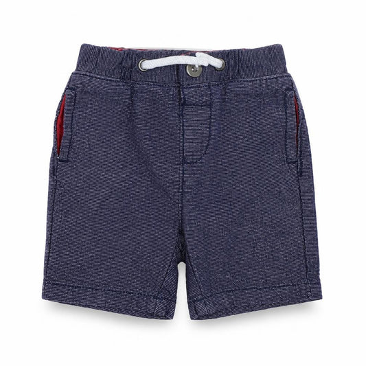 Front view of Nutmeg boys’ blue cotton cropped trousers, size 6-9, months button