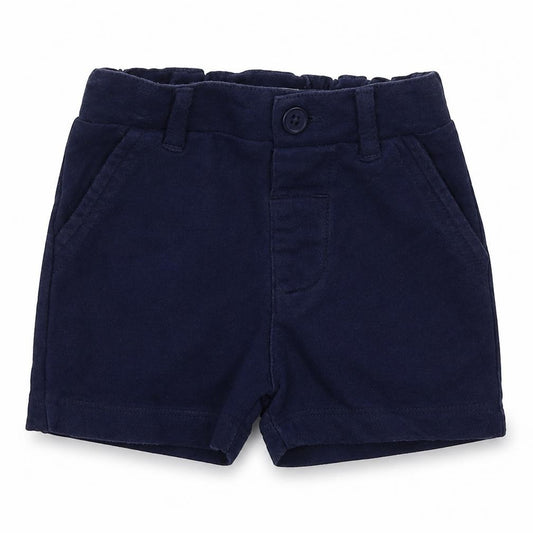 Front view of Next boys’ blue cotton cropped trousers, size 6-9, months button