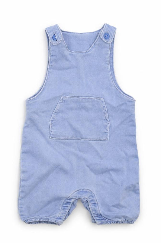 Front view of Matalan girls’ blue cotton coverall outfit/set, size 6-9, months button