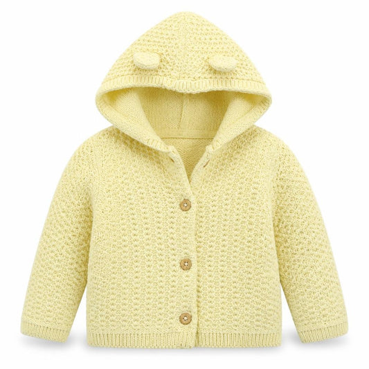 Front view of Tommy Bahama girls’ yellow cotton cardigan jumper, size 3-6, months button