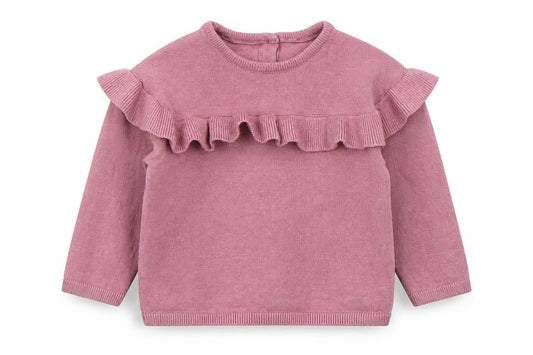 Front view of Matalan girls’ pink polyester jumper, size 3-6, months pullover