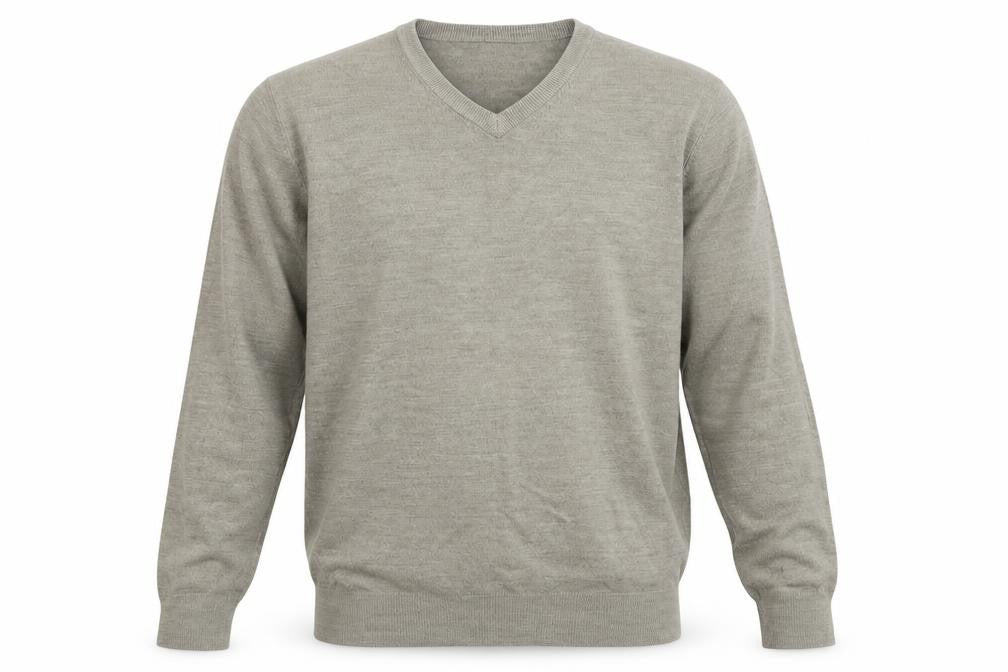 Front view of Atlantic Bay men’s beige v-neck acrylic jumper, size XL