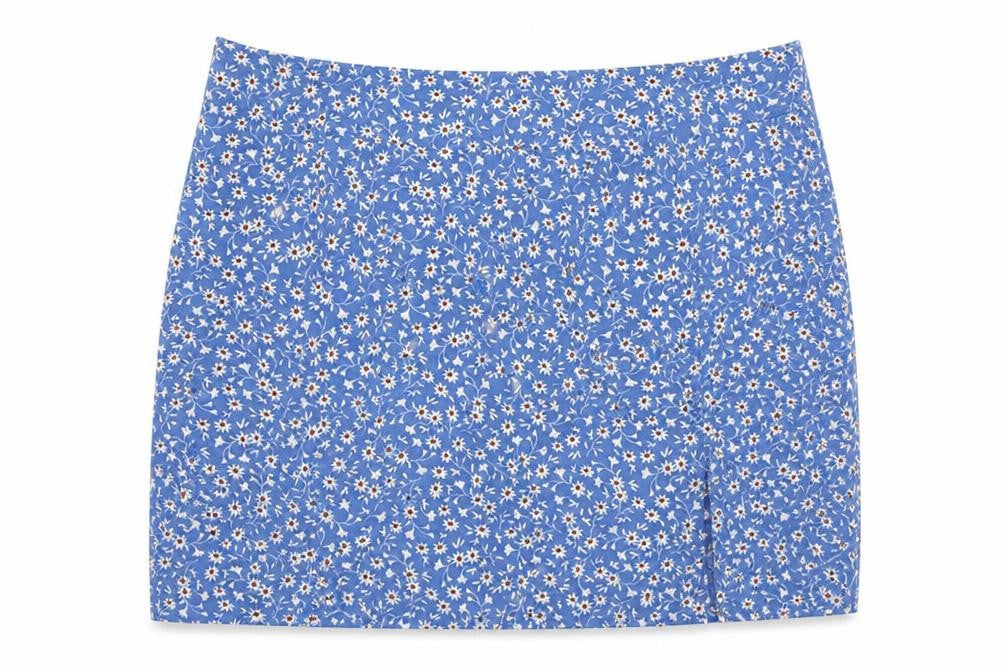 Front view of SHEIN women’s blue floral polyester mini skirt, size XL, zip