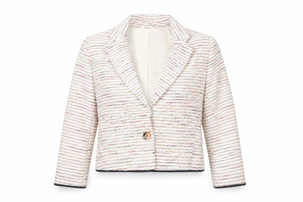 Front view of Silvian Heach women’s ivory striped jacket blazer, size S, button