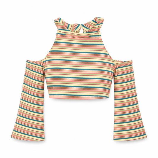 Front view of SHEIN women’s multicoloured striped polyester cropped blouse, size M, halter - cold shoulder