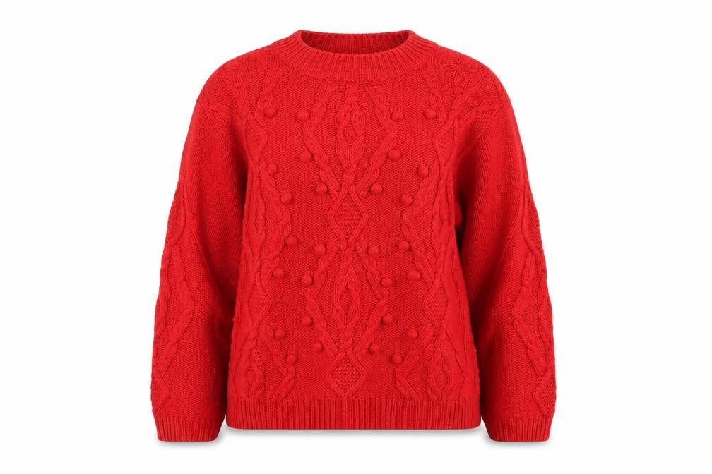Front view of Papaya women’s red round neck acrylic jumper, size S
