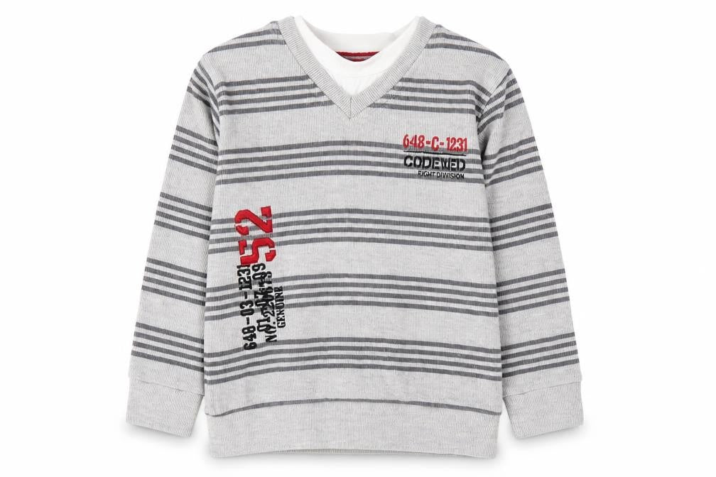 Front view of Dunnes boys’ grey round neck striped cotton jumper, size 5, years pullover