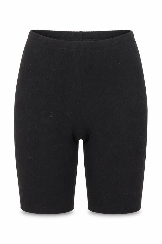 Front view of Only women’s black polyester compression shorts, size XS, 8-inch leg regular