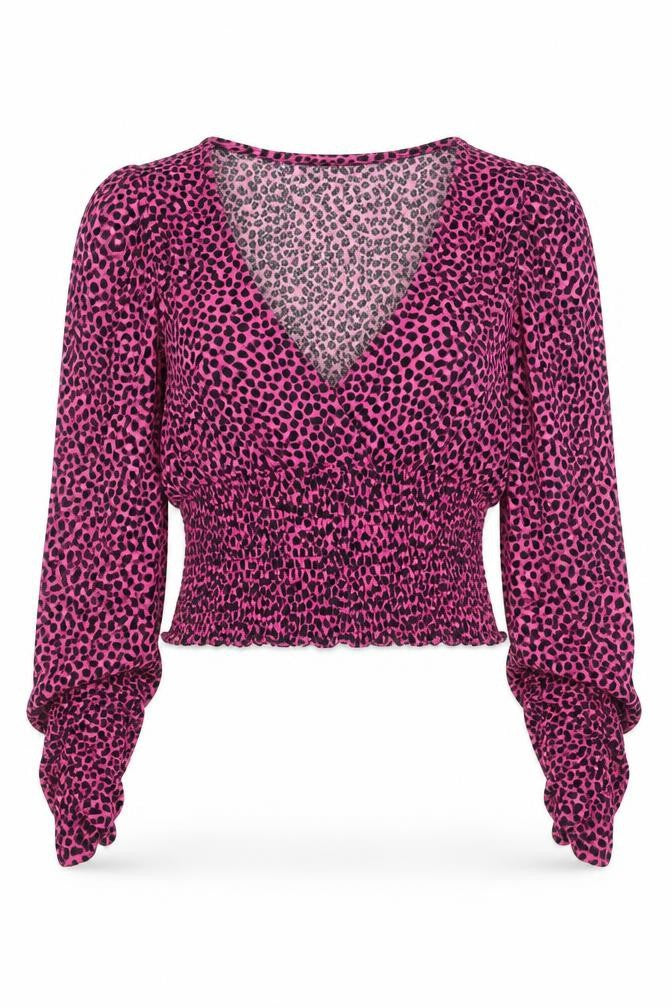 Front view of New Look women’s pink animal print polyester basic blouse, size UK 6, v-neck