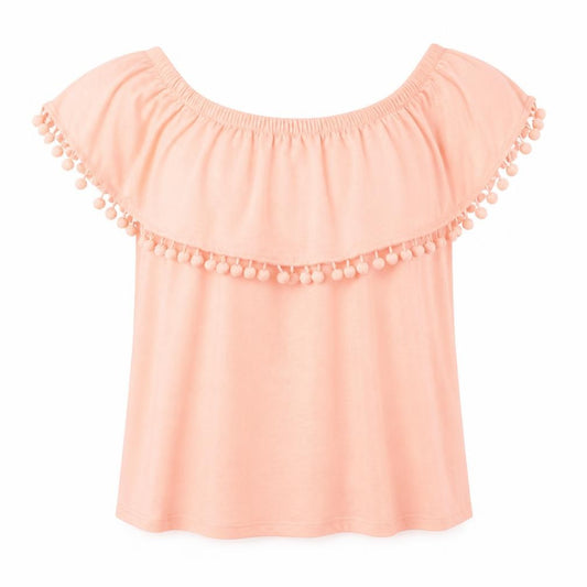 Front view of Atmosphere women’s pink polyester basic t-shirt, size UK 8, off the shoulder