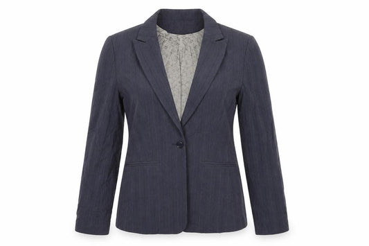 Front view of Next women’s blue striped polyester jacket suit jacket, size UK 10