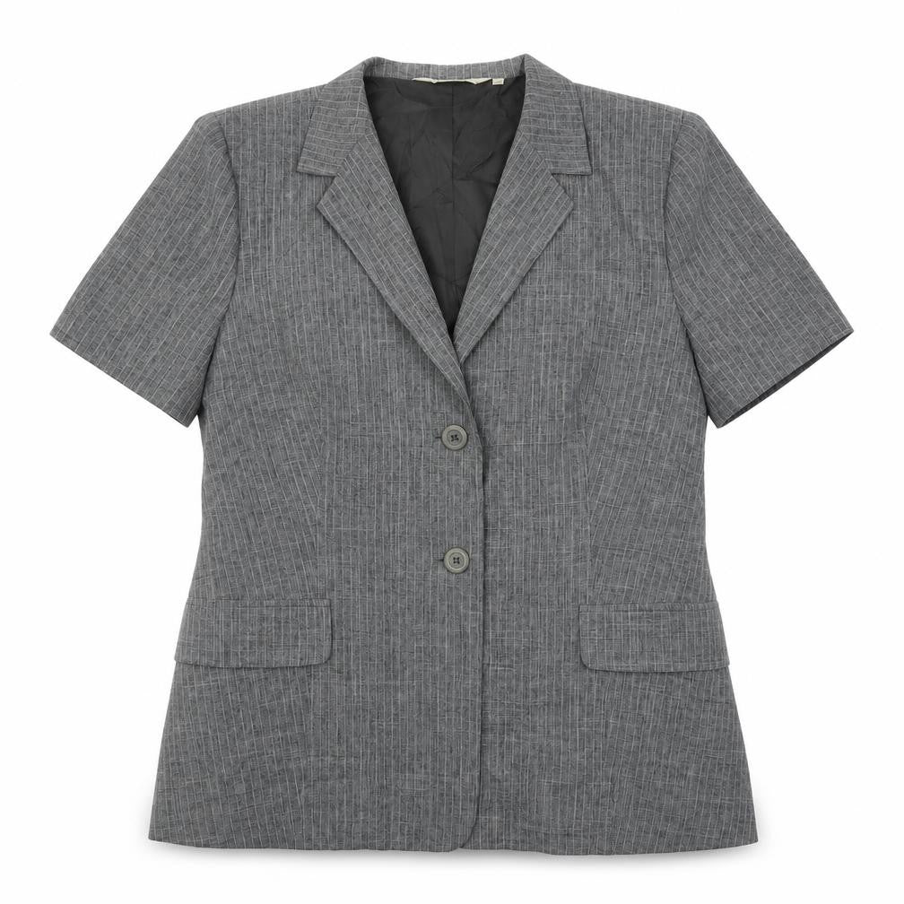 Front view of Prima women’s grey striped polyester jacket suit jacket, size UK 16