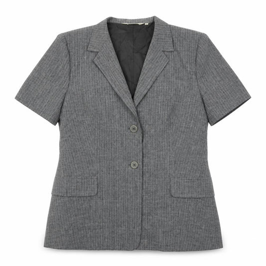 Front view of Prima women’s grey striped polyester jacket suit jacket, size UK 16