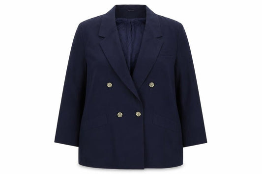 Front view of Preworn women’s blue polyester jacket suit jacket, size UK 18
