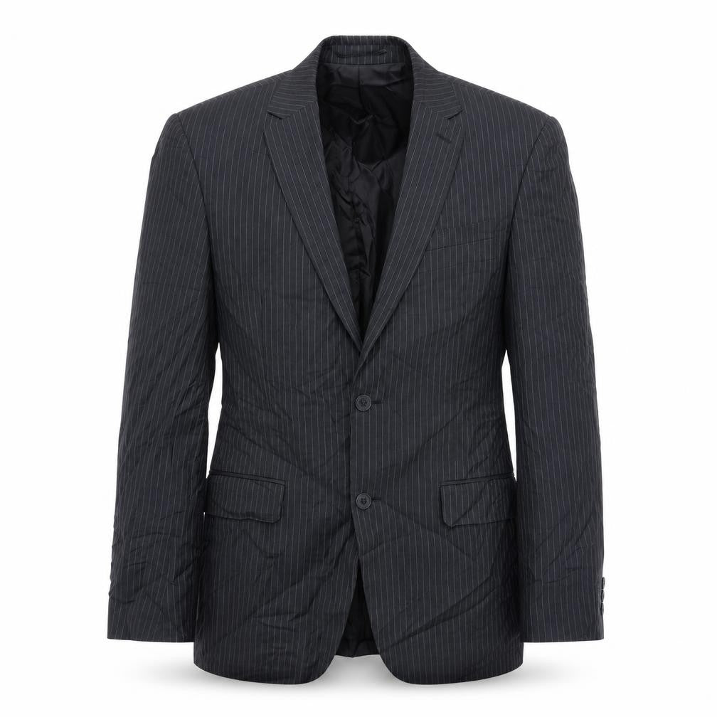 Front view of Karl Jackson men’s grey striped polyester jacket suit jacket, size 38