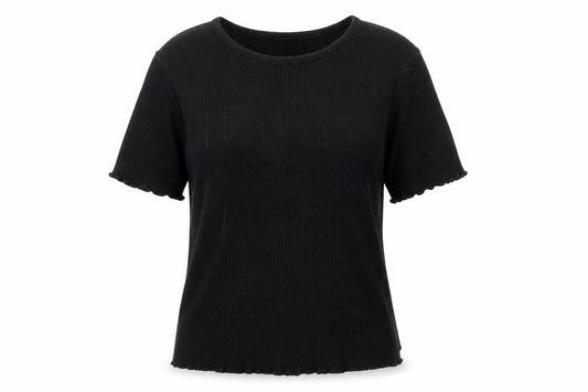 Front view of ASOS women’s black polyester basic t-shirt, size UK 8, round neck