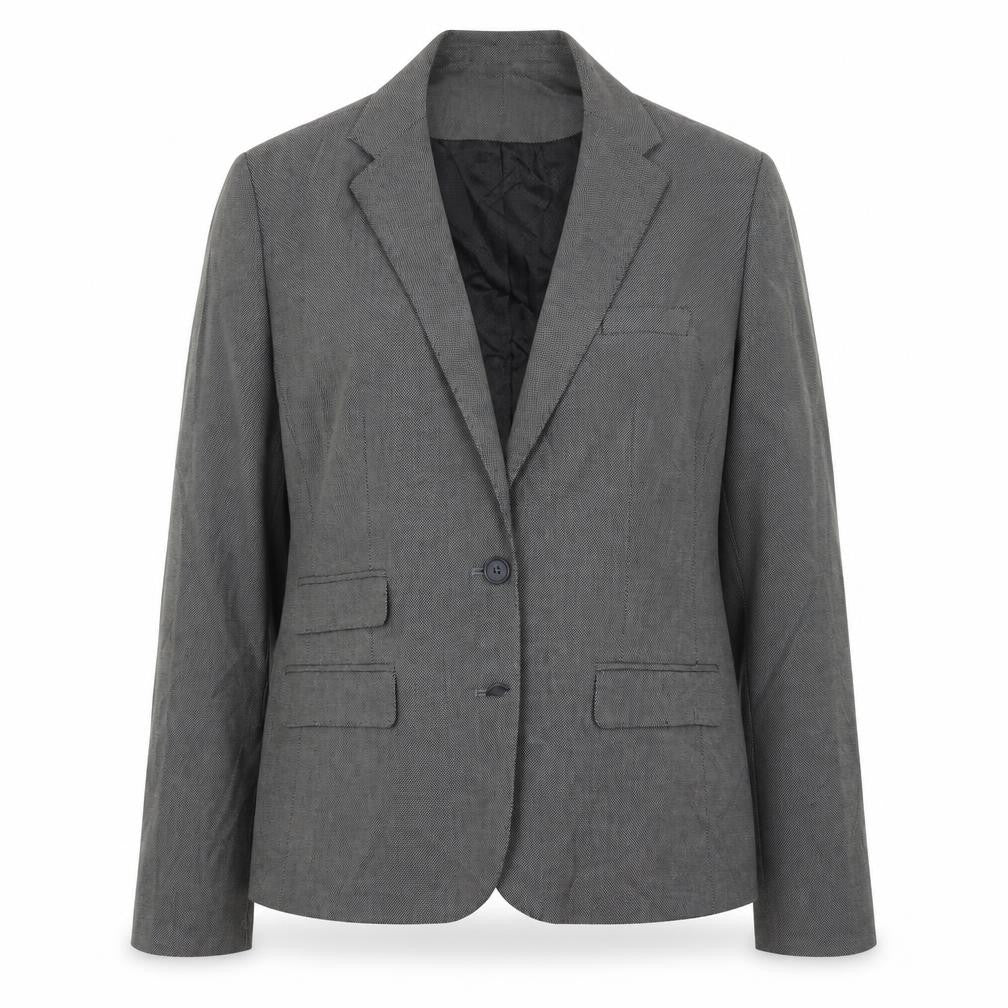 Front view of Skopes women’s grey polka dot wool jacket suit jacket, size UK 16