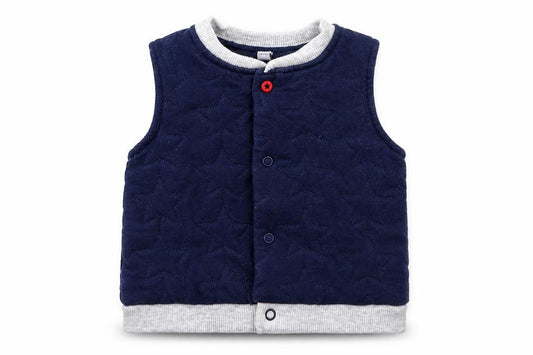 Front view of Blue Zoo boys’ blue gilet jacket, size 3-6, months snap