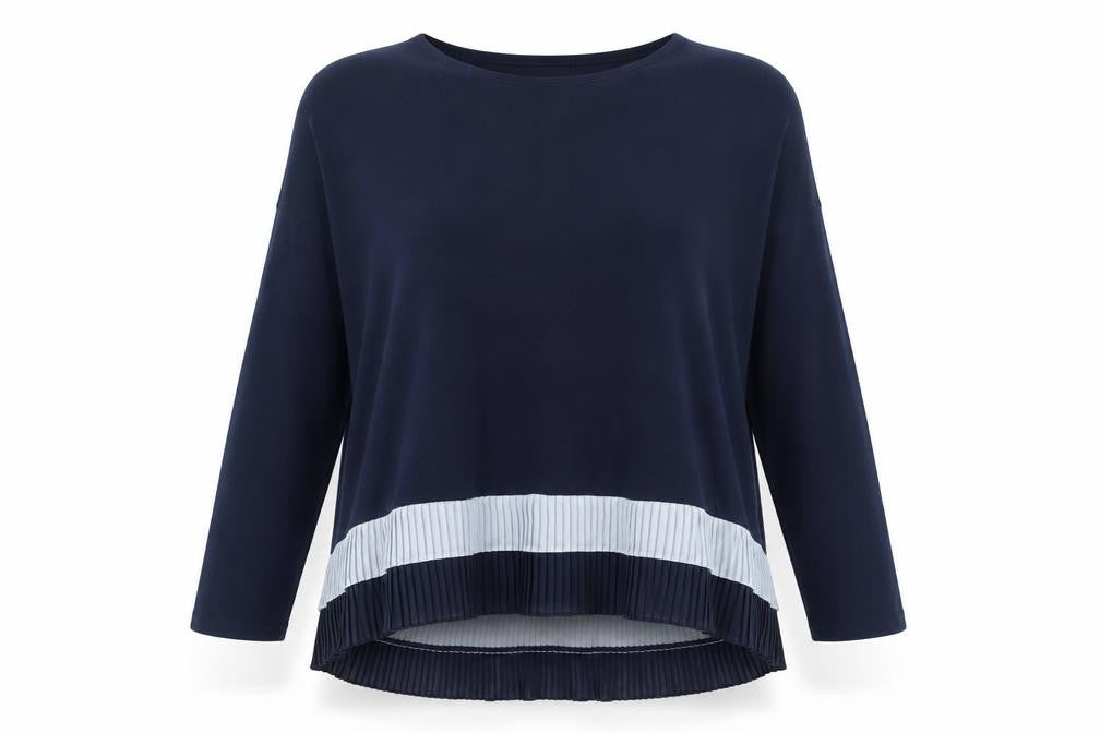 Front view of QED London women’s blue round neck polyester jumper, size M