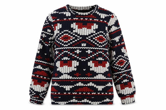 Front view of Savida women’s blue geometric polyester pullover sweatshirt, size S, pullover