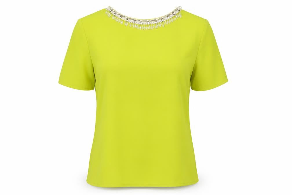 Front view of Maisy women’s green polyester basic blouse, size UK 10, round neck - embellished neckline