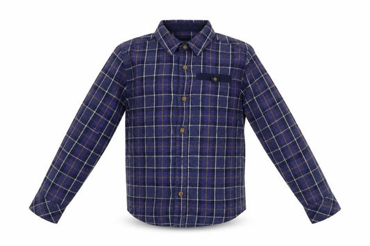 Front view of Dunnes boys’ blue plaid cotton basic button-up, size 5, years collared button