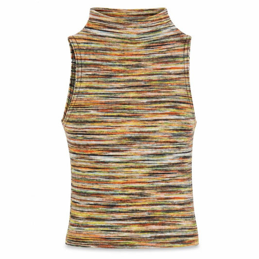 Front view of Vivichi women’s multicoloured striped polyester basic tank, size UK 8, mock neck