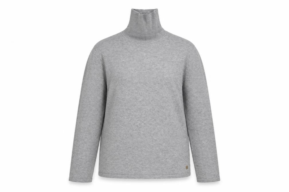 Front view of ix women’s grey high neck viscose jumper, size M